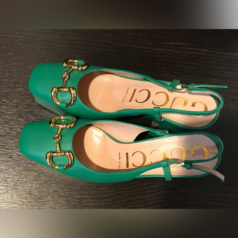 Gucci Emerald Green Heels with Gold Accents